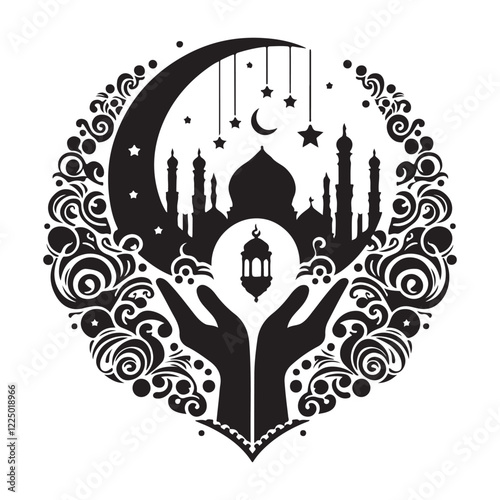 Elegant muslim festival design with crescent moon and lanterns