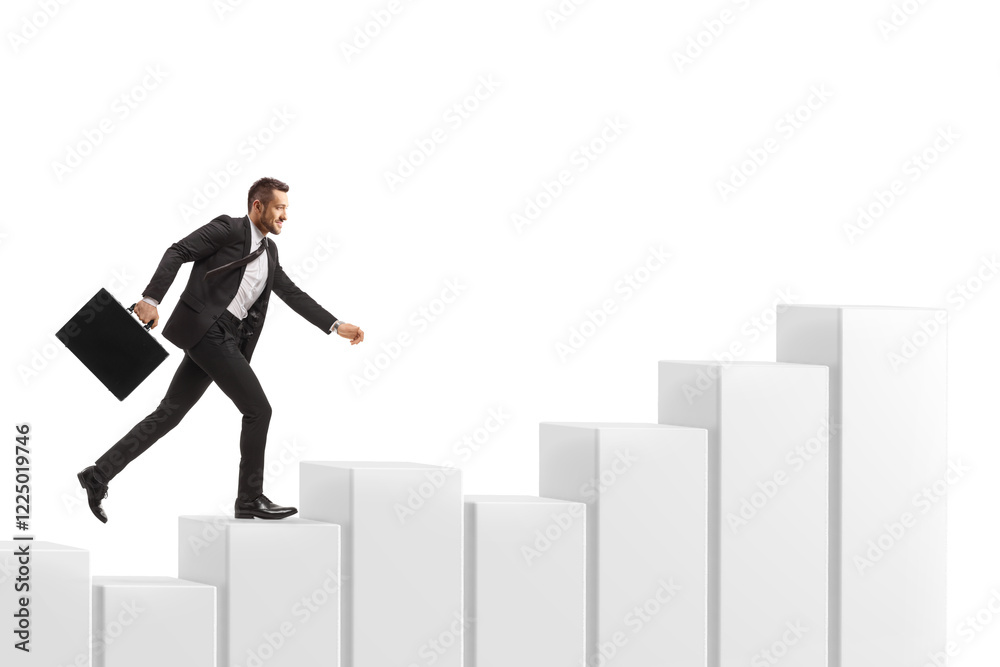 Businessman with a briefcase running on a bar chart Businessman with a briefcase running on a bar chart