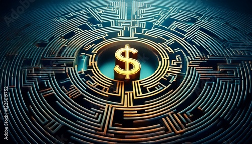 dollar symbol at the center of a circular maze representing financial strategy