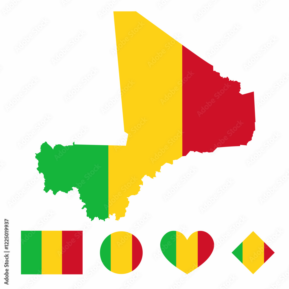 Fototapeta premium Vector of Mali map flag with flag set isolated on white background. Collection of flag icons with square, circle, love, heart, and rectangle shapes.