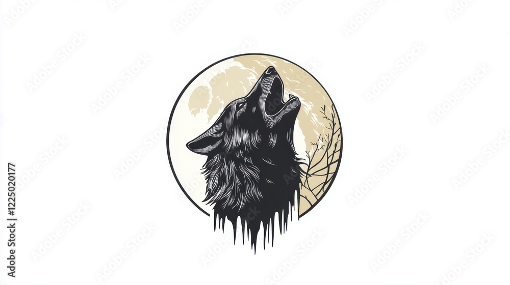 Obraz premium Stylized illustration of a wolf howling at the moon in a circular frame