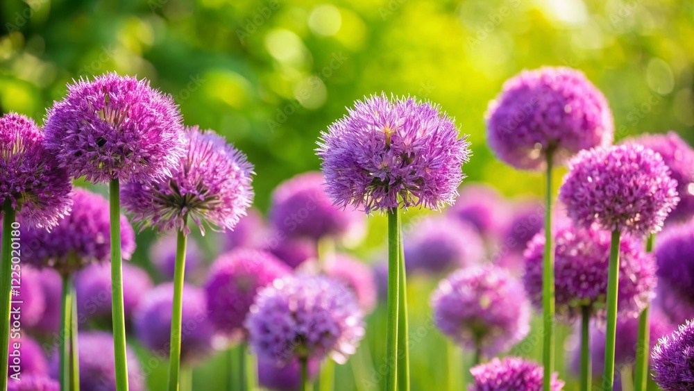 Vibrant Purple Allium Flowers in Bloom, Left Side Copy Space, Spring Garden Vibrant Purple Allium Flowers in Bloom, Left Side Copy Space, Spring Garden