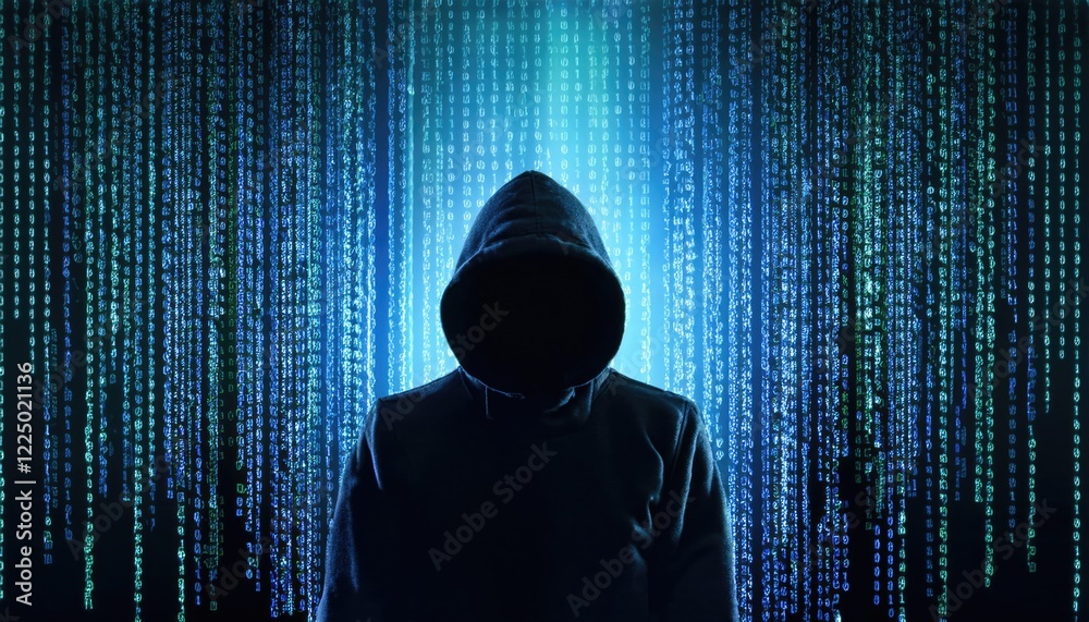 Hooded Figure Stands Before Streaming Digital Code Hooded Figure Stands Before Streaming Digital Code