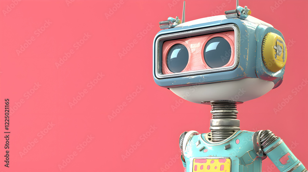 3D rendered Pastel Robot in Blue, Pink, and White - red background 3D rendered Pastel Robot in Blue, Pink, and White - red background