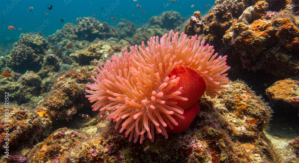 Fototapeta premium A brightly colored sea anemone with flowing tentacles swaying gently in the currents, surrounded by vibrant corals, small fish