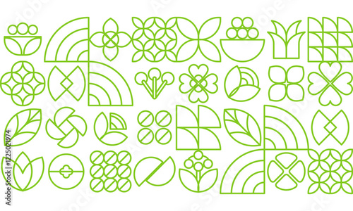 Green line geometric pattern illustration with nature abstract shapes. Fresh organic concept background . Eco minimalist shape , geometry leaf green