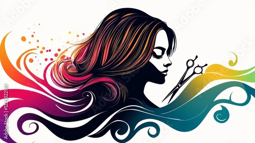 A fresh beauty logo concept featuring a pair of scissors surrounded by artistic hair strands, enclosed in a circle with clear lines and bold hues