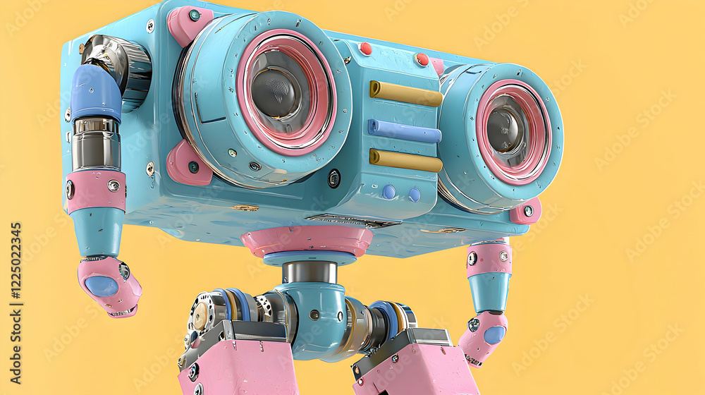 Naklejka premium 3D rendered Pastel Robot in Blue, Pink, and White - yellow background