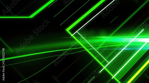 Graphic design template set against a vibrant, neon-lit black and lime green abstract background with a geometric pattern of diagonal line stripes and angular 3D shadows.