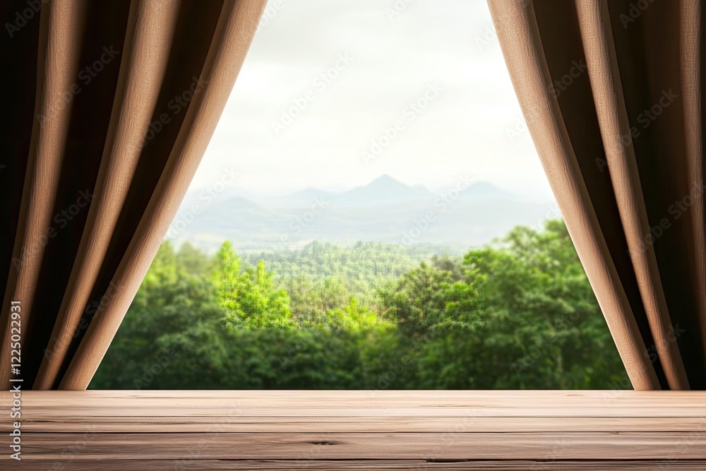A scenic view of mountains and trees framed by curtains, creating a serene atmosphere. Perfect for nature and lifestyle themes. A scenic view of mountains and trees framed by curtains, creating a serene atmosphere. Perfect for nature and lifestyle themes.
