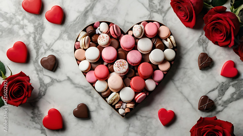 Heart of Macarons and Roses on Marble Background