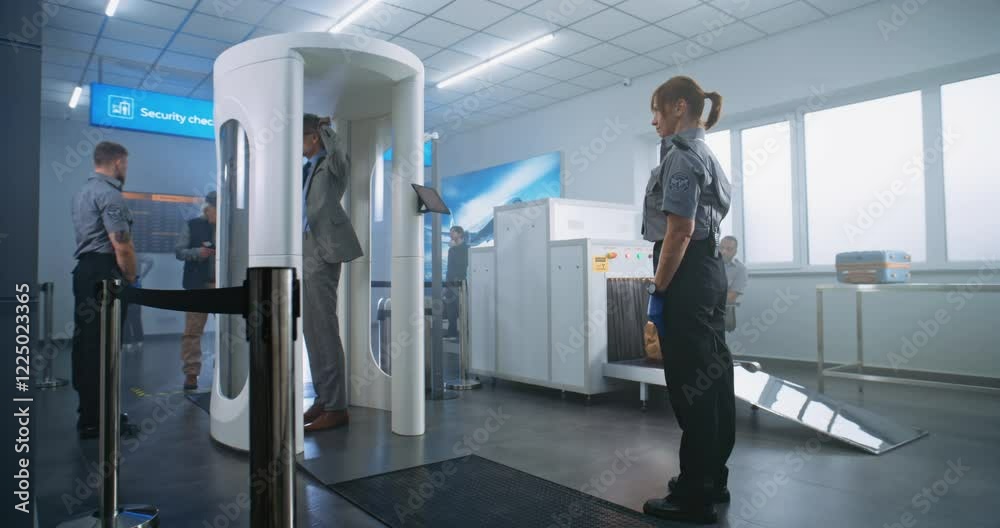 Airport Terminal Checkpoint: Diverse People Walking Through Metal Detector Gates, Taking Luggage from Conveyor Belt. Security Officers Control Scanning of Passengers. Group of Tourists Going on Trips.