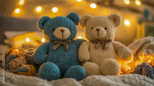 A pair of hand-knitted teddy bears placed in a warm, inviting environment with soft lighting and cozy details photo