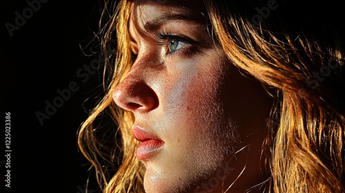 Close-up profile of a young woman with freckles and wavy auburn hair, looking thoughtfully into the distance.