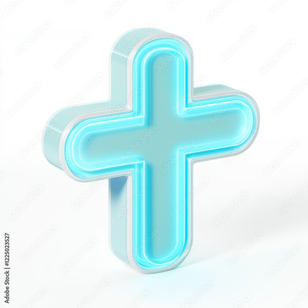 Neon Blue Plus Sign with Soft Glow Effect on White Background Neon Blue Plus Sign with Soft Glow Effect on White Background