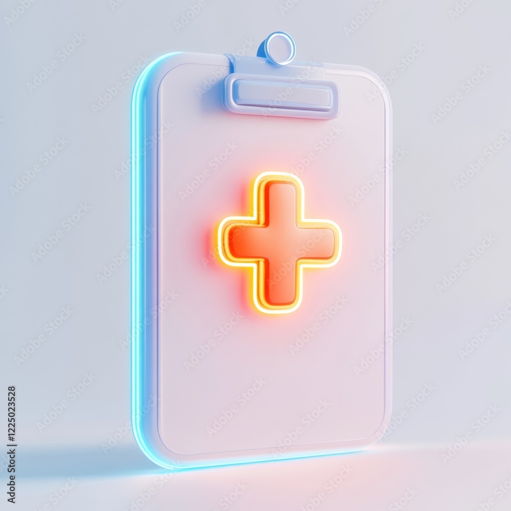 Obraz premium Neon Medical Clipboard with Cross Symbol for Health and Care
