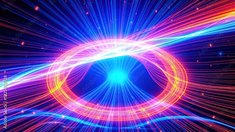 Obraz premium Abstract background composed of intricate fiber optic lights, radiating a mesmerizing pattern of vibrant blue and orange hues that evoke a sense of energy and dynamism.
