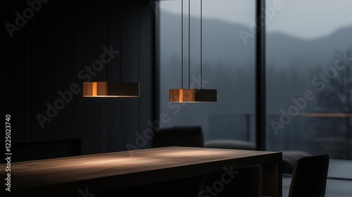 A dark room with a wooden table and two lamps hanging from the ceiling