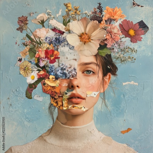 Abstract contemporary surreal art collage portrait of young woman with flowers 