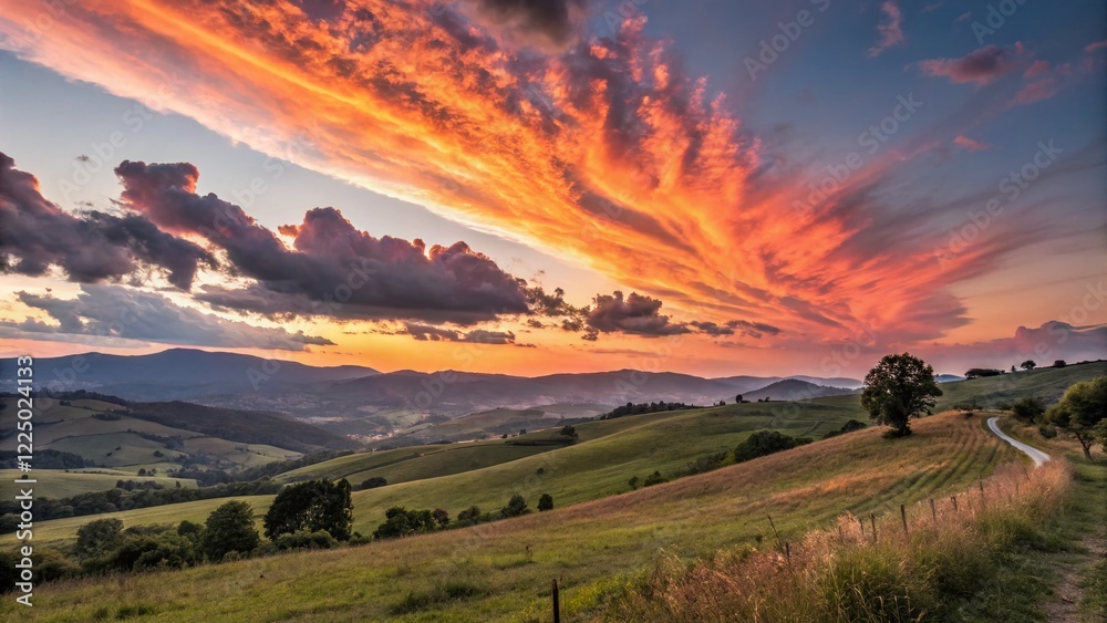 Fototapeta premium Vibrant Sunset Landscape: Fiery Orange and Pink Hues Over Rolling Hills