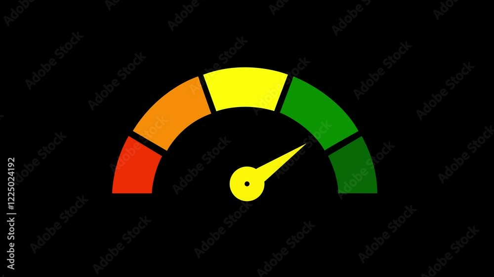 Good morale meter level dial scale motion graphics 2d animation black background credit score rating moving needle animation on black background, credit score meter animated.