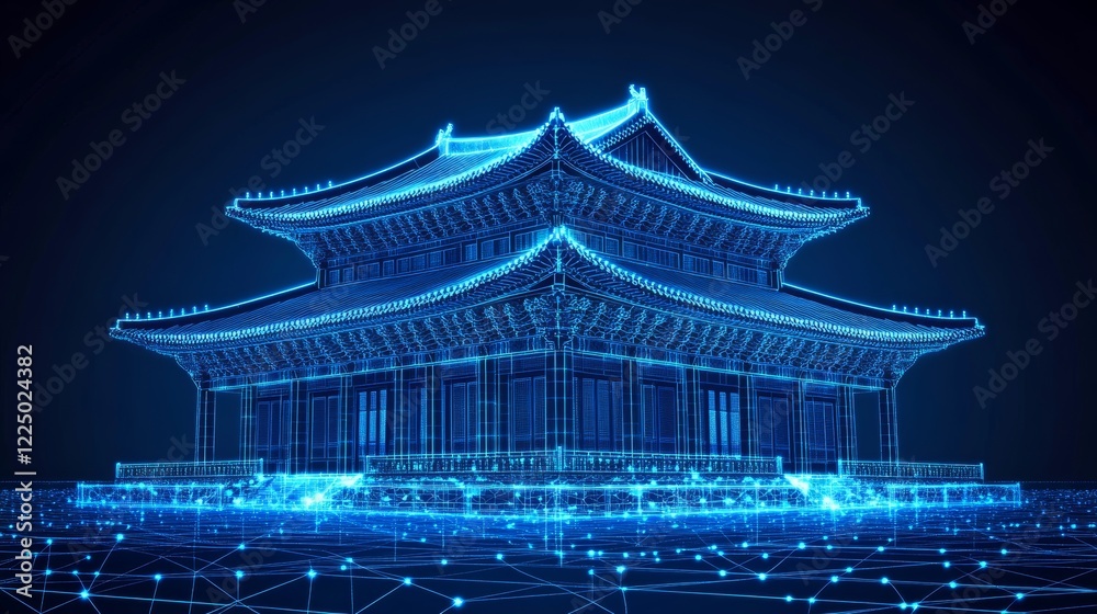 Korean Traditional Architecture, Digital Network, Connected Dots, Blue Outline, Black Background Korean Traditional Architecture, Digital Network, Connected Dots, Blue Outline, Black Background
