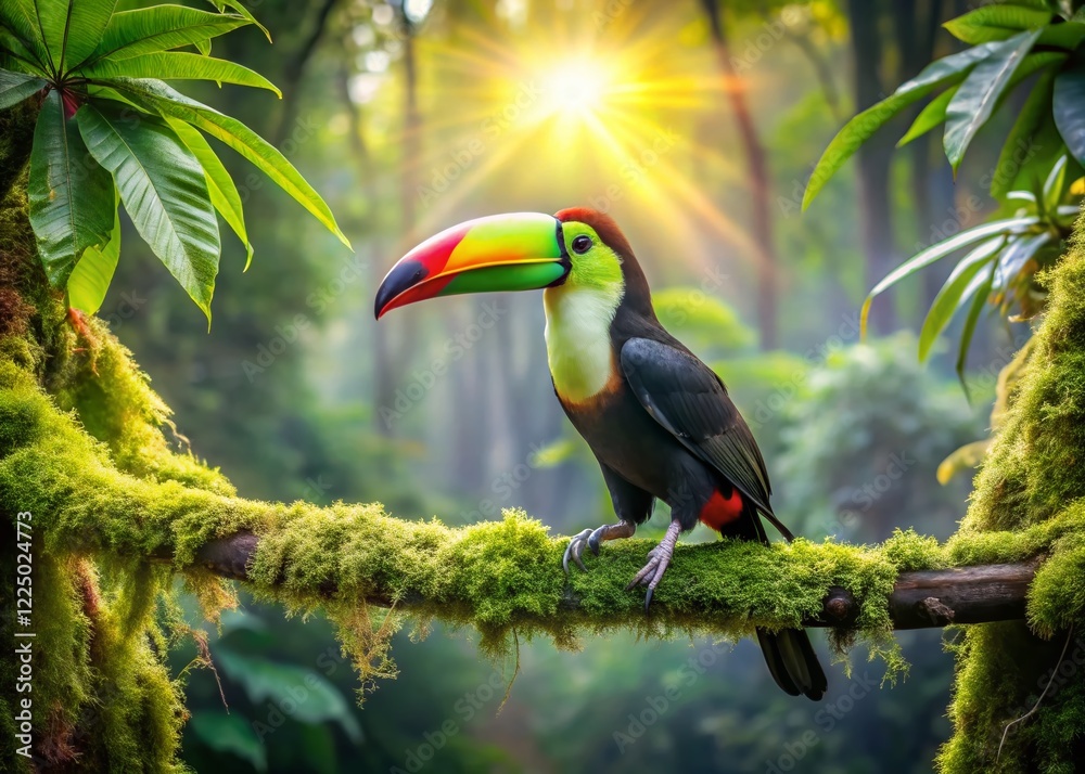 Naklejka premium Vibrant Toucan Perched on Lush Green Branch in Rainforest