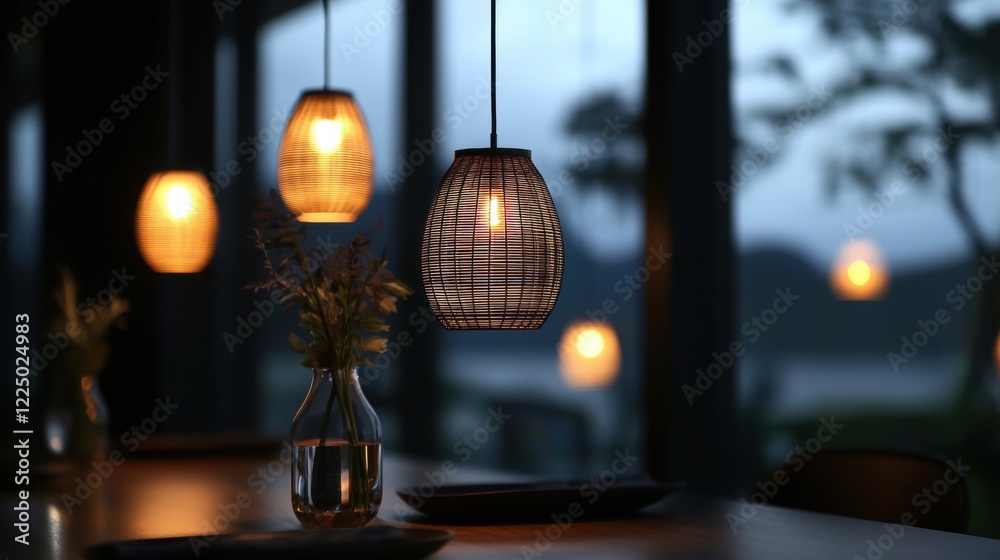 A table with a vase of flowers and a lamp hanging from the ceiling A table with a vase of flowers and a lamp hanging from the ceiling