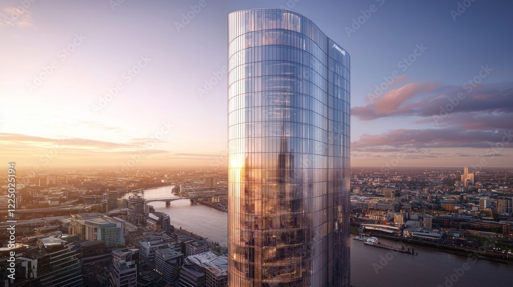 Obraz premium Modern glass skyscraper at sunset over city.