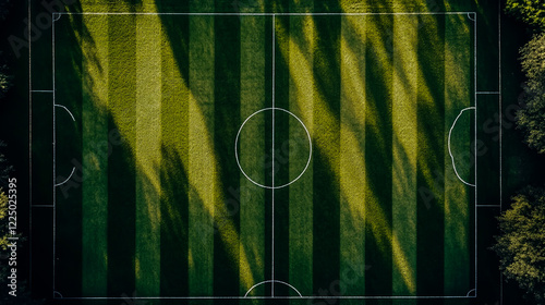 A wide green soccer field with horizontal stripes, seen from above.