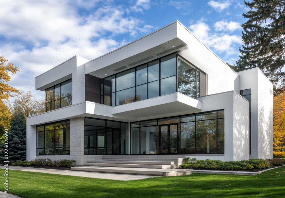 Modern white house design featuring large windows and minimalist architecture in a serene residential setting Modern white house design featuring large windows and minimalist architecture in a serene residential setting