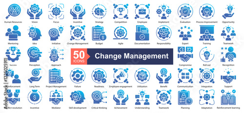 Change Management Icon Collection Set.Containing Human Resources, Vision, Focus, Incentive, Strategy, Competition, Employee, Evaluation icon. Simple glyph gradient style Vector Illustration.