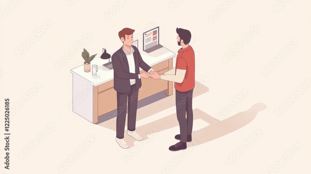 Two business professionals shaking hands in a modern office setting with a computer and plant Two business professionals shaking hands in a modern office setting with a computer and plant