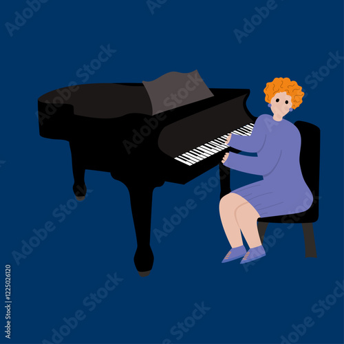 Red head pianist plays the piano. Hand drawn kids style