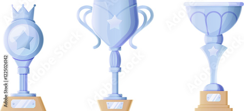 Multiple silver trophy icons featuring stars, crowns, and elegant shapes.