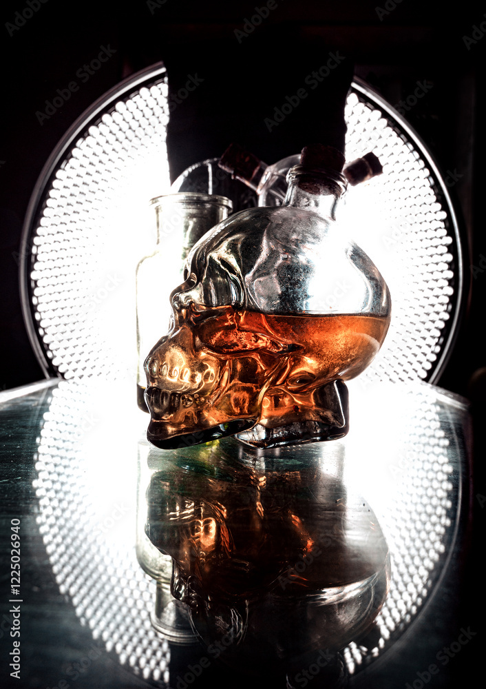 Glass skull whiskey bottle and mystical flasks on a black background with a beautiful background light