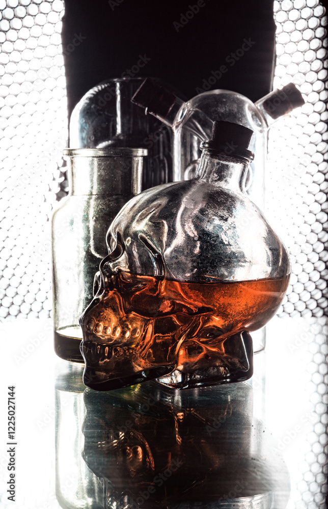 Glass skull whiskey bottle and mystical flasks on a black background with a beautiful background light