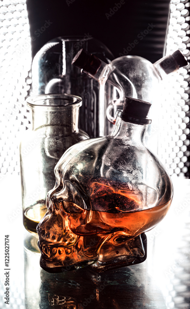 Glass skull whiskey bottle and mystical flasks on a black background with a beautiful background light