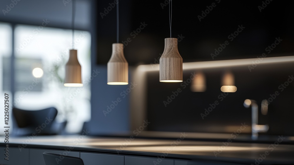 Obraz premium A kitchen with a black countertop and a sink