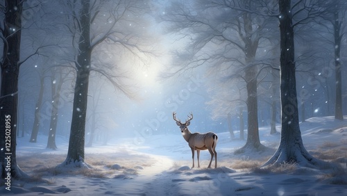 A serene winter scene featuring a lone deer with antlers standing in a snowy forest.