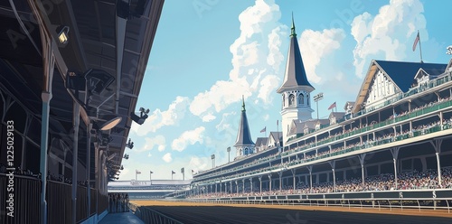 The legendary Churchill Downs racetrack, host of the Kentucky Derby, stands impressively beneath a clear blue sky in Louisville, Kentucky photo