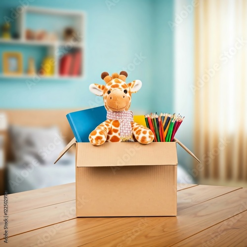 A soft plush giraffe with a striped scarf sits in a cardboard donation box filled with books, colored pencils, and toys. A heartwarming scene of childhood, generosity, and giving. photo