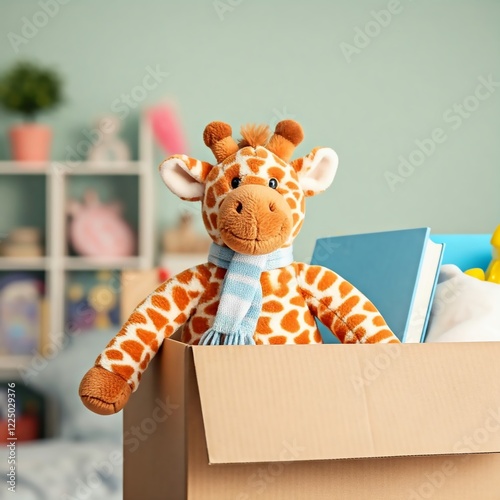 A soft plush giraffe with a striped scarf sits in a cardboard donation box filled with books, colored pencils, and toys. A heartwarming scene of childhood, generosity, and giving. photo