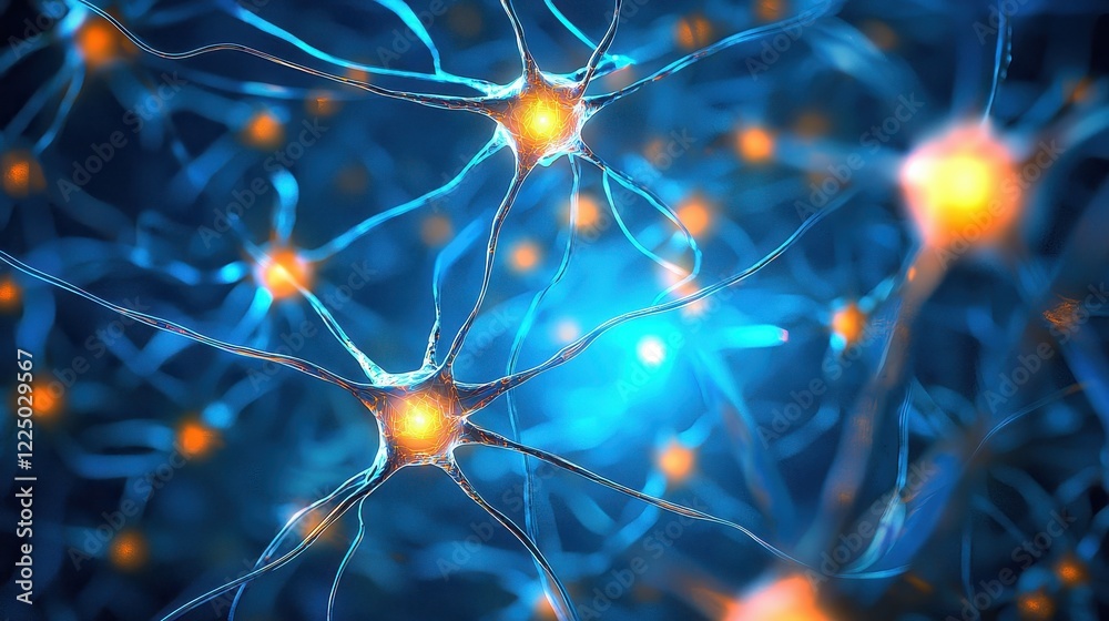 Blue and Orange Neurons in Abstract Neural Network Illustration Blue and Orange Neurons in Abstract Neural Network Illustration