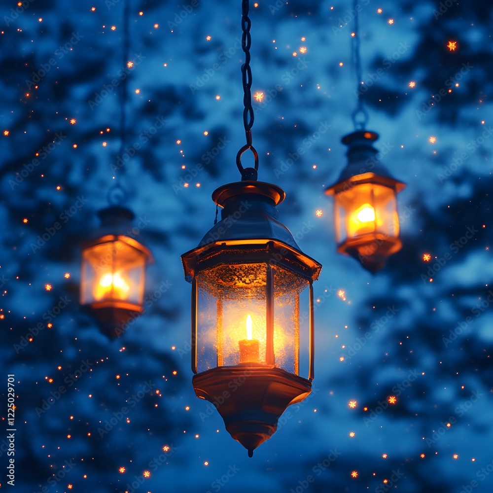 Three glowing lanterns hanging at night. Three glowing lanterns hanging at night.