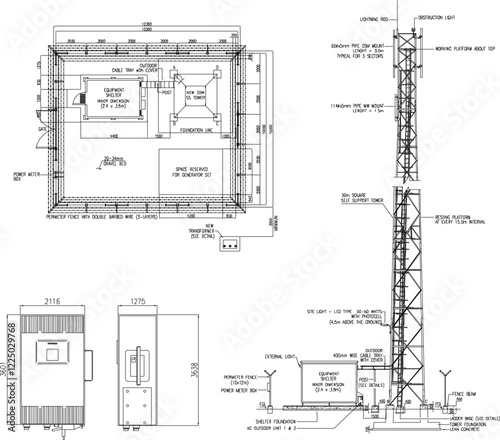 Vector illustration of a detailed design sketch of a site plan showing a telecommunications tower as a signal transmitter