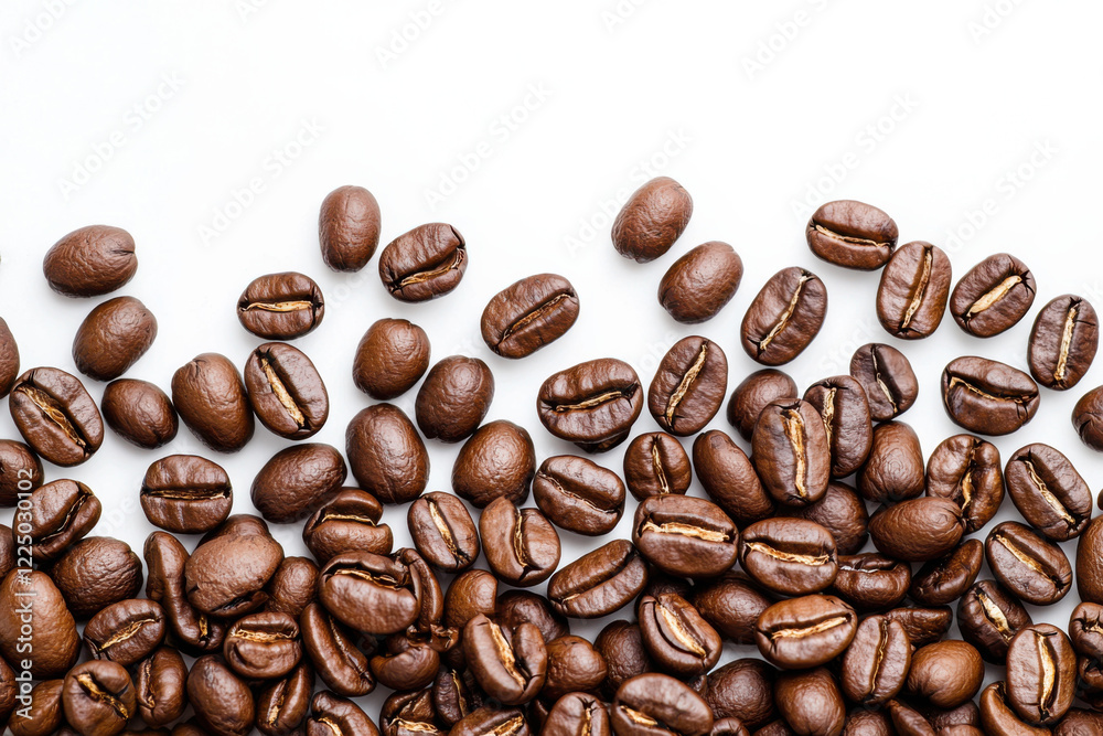 Freshly roasted coffee beans scattered on a clean surface ready for brewing. isolated on white background. Freshly roasted coffee beans scattered on a clean surface ready for brewing. isolated on white background.