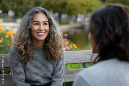 A joyful, smiling woman shares engaging conversation with a friend in a garden setting, surrounded by colorful flowers, radiating warmth and positive energy.