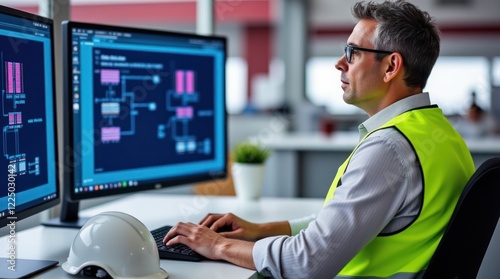 Engineer at Desk With Computers and Construction Gear Around