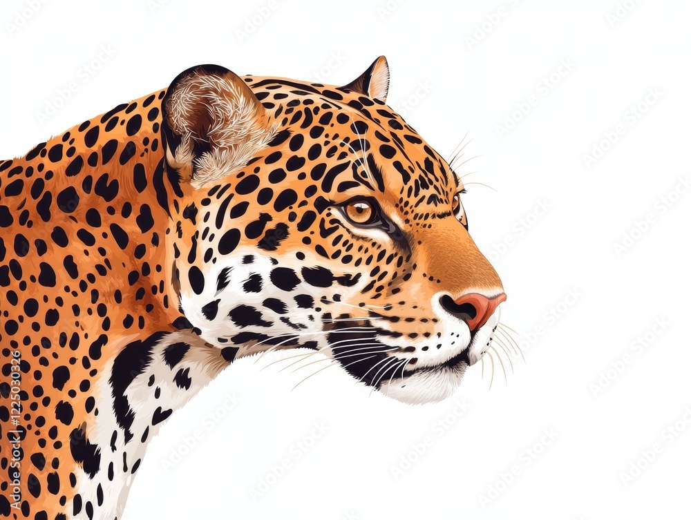 Fototapeta premium A close-up of a majestic jaguar, showcasing its distinctive orange fur, black rosettes, and intense gaze against a white background.